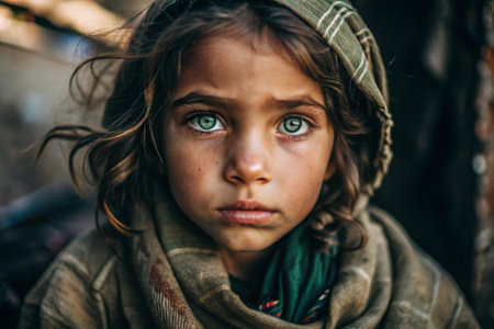 Hunger, poverty. Portrait of a beautiful dirty beggar girl with expressive green eyes. A hungry, poor little kid is looking at the camera.の素材