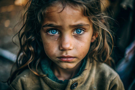 Hunger, poverty. Portrait of a beautiful dirty beggar girl with expressive blue eyes. A hungry, poor little kid is looking at the camera.の素材