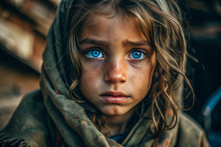 Hunger, poverty. Portrait of a beautiful dirty beggar girl with expressive blue eyes. A hungry, poor little kid is looking at the camera.の素材