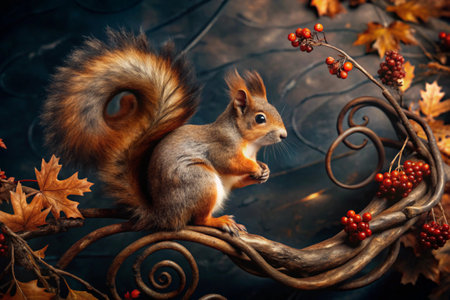 Animals. Portrait of a beautiful red fluffy squirrel on a branch of an autumn tree with red berries. A cute fluffy animal.の素材
