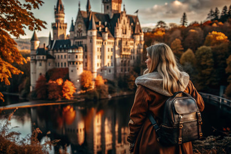 A traveler girl with a backpack on the background of a huge castle in the autumn forest in the mountains. The guy travels and enjoys life and the environment. Tourism.の素材