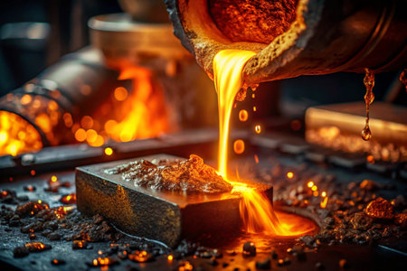 Hard work. Factory, industry, metallurgy. Casting of liquid steel from a ladle during the casting process in a foundry. Metal production.の素材