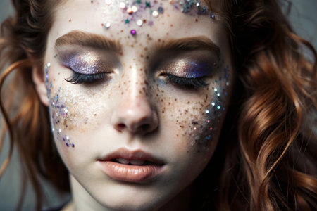 Close-up of a girl's face with festive makeup and sequins. The image gives her a fabulous and mystical look. The concept of New Year's Eve or birthday.の素材