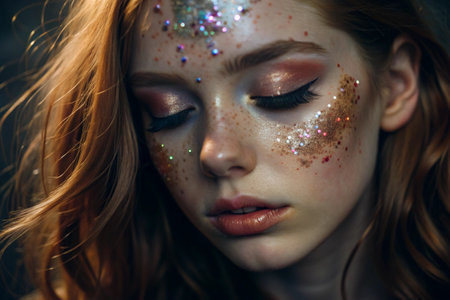 Close-up of a girl's face with festive makeup and sequins. The image gives her a fabulous and mystical look. The concept of New Year's Eve or birthday.の素材
