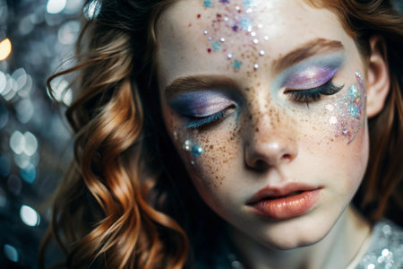 Close-up of a girl's face with festive makeup and sequins. The image gives her a fabulous and mystical look. The concept of New Year's Eve or birthday.の素材