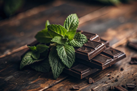 Sweets. Pieces of chocolate with fresh mint leaves for dessert on a wooden background.の素材