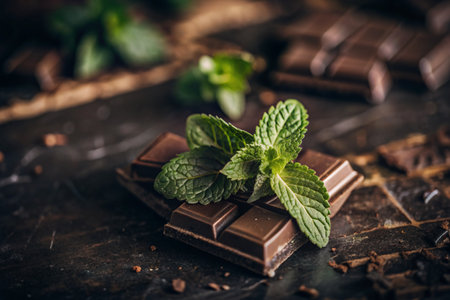 Sweets. Pieces of chocolate with fresh mint leaves for dessert on a wooden background.の素材