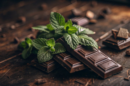 Sweets. Pieces of chocolate with fresh mint leaves for dessert on a wooden background.の素材