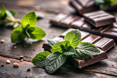 Sweets. Pieces of chocolate with fresh mint leaves for dessert on a wooden background.の素材