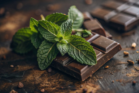 Sweets. Pieces of chocolate with fresh mint leaves for dessert on a wooden background.の素材