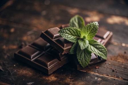 Sweets. Pieces of chocolate with fresh mint leaves for dessert on a wooden background.の素材