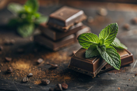 Sweets. Pieces of chocolate with fresh mint leaves for dessert on a wooden background.の素材