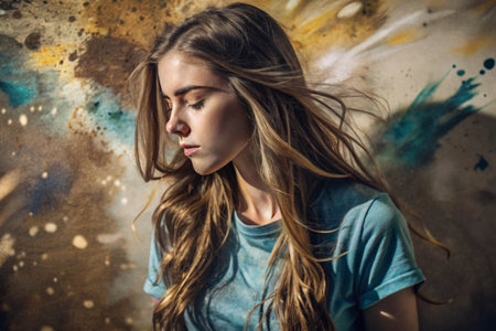 Portrait of a beautiful, young girl with a thoughtful look. The hair develops and creates a feeling of lightness and naturalness.の素材