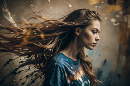 Portrait of a beautiful, young girl with a thoughtful look. The hair develops and creates a feeling of lightness and naturalness.の素材