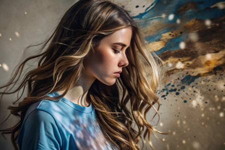 Portrait of a beautiful, young girl with a thoughtful look. The hair develops and creates a feeling of lightness and naturalness.の素材