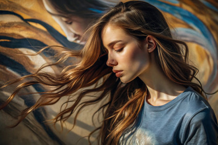 Portrait of a beautiful, young girl with a thoughtful look. The hair develops and creates a feeling of lightness and naturalness.の素材