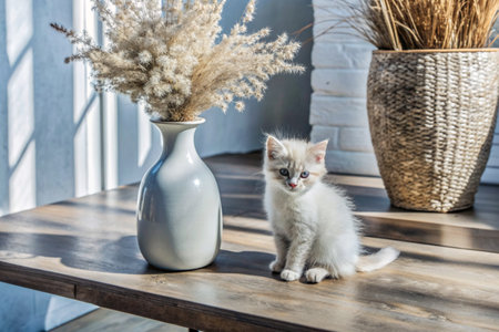 Pets. A white fluffy kitten in a modern Scandinavian-style interior.の素材