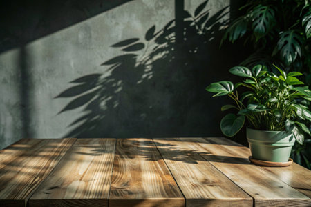 An empty old wooden countertop against a gray wall with sunlight and shadows from the leaves of trees. Background for the presentation and advertising of goods.の素材