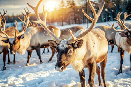 Reindeer graze against the background of a winter tundra landscape. Snow is falling. Snowstorm.の素材