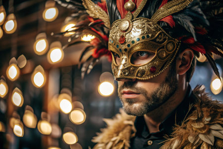 The Venetian Carnival. Close-up of a man in an ornate carnival mask. Bright colors convey an atmosphere of celebration and luxury.の素材