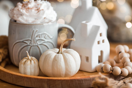 Delicious pumpkin latte with whipped cream and cinnamon in a mug on the table in the living room interior. Autumn decor in the house. Scandinavian style.の写真素材