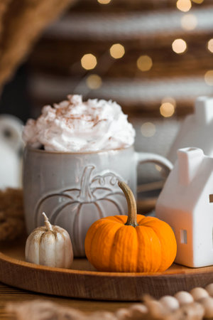Delicious pumpkin latte with whipped cream and cinnamon in a mug on the table in the living room interior. Autumn decor in the house. Scandinavian style.の写真素材