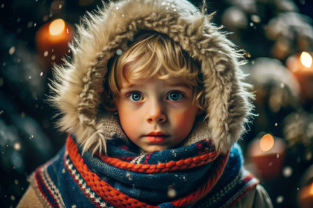 Portrait of a little boy in a warm jacket with a hood on his head during a winter snowfall Close-up of his face. The winter season.の素材