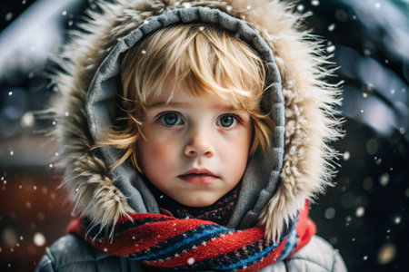 Portrait of a little boy in a warm jacket with a hood on his head during a winter snowfall Close-up of his face. The winter season.の素材
