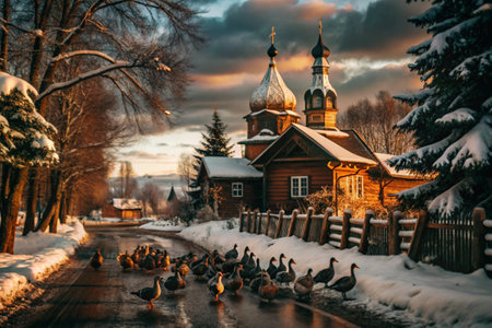 Winter landscape. A small cozy church in the village. Trees in the snow. An atmosphere of peace and harmony with nature.の素材