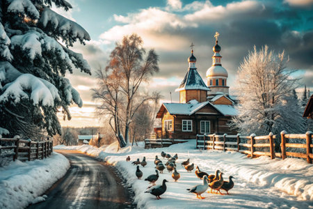 Winter landscape. A small cozy church in the village. Trees in the snow. An atmosphere of peace and harmony with nature.の素材