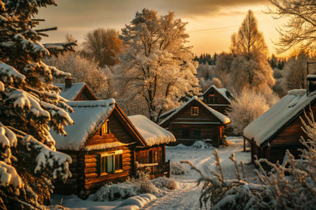 Winter landscape. Village houses in snowdrifts. Trees in the snow. An atmosphere of peace and harmony with nature. Rural life.の素材