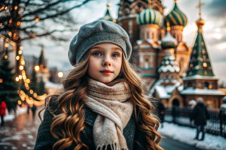 Portrait of a little girl in a warm jacket and hat walking through the winter streets of the city, close-up of her face. The winter season.の素材