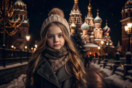 Portrait of a little girl in a warm jacket and hat walking through the winter streets of the city, close-up of her face. The winter season.の素材