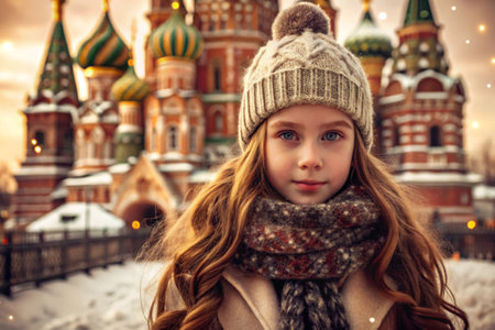 Portrait of a little girl in a warm jacket and hat walking through the winter streets of the city, close-up of her face. The winter season.の素材