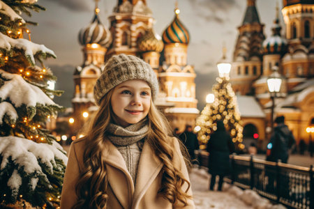 Portrait of a little girl in a warm jacket and hat walking through the winter streets of the city, close-up of her face. The winter season.の素材