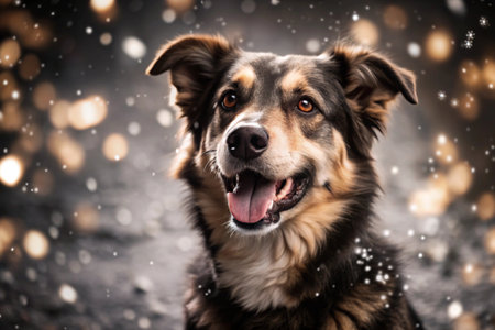 Happy New Year and Merry Christmas! Snow is falling. A cheerful dog is sitting outside in the snowfall. The dog is waiting for a holiday and magic.の素材