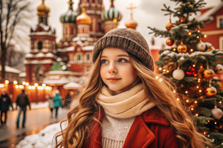Portrait of a little girl in a warm jacket and hat walking through the winter streets of the city, close-up of her face. The winter season.の素材