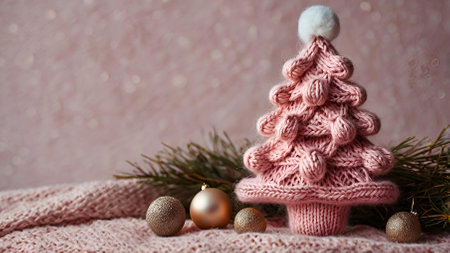 A Christmas card. Knitted delicate pink Christmas tree on the background of a knitted pink plaid. Knitting, crafts, handmade jewelry.の素材