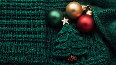 A Christmas card. Knitted green Christmas tree on the background of a knitted plaid. Knitting, crafts, handmade jewelry.の素材