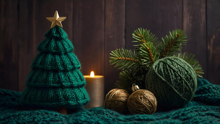 A Christmas card. Knitted green Christmas tree on the background of a knitted plaid. Knitting, crafts, handmade jewelry.の素材