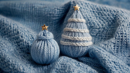 A Christmas card. Knitted pale blue Christmas tree on the background of a knitted blue plaid. Knitting, crafts, handmade jewelry.の素材