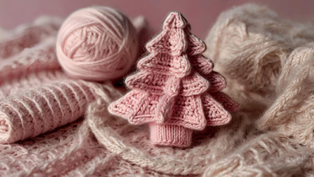 A Christmas card. Knitted delicate pink Christmas tree on the background of a knitted pink plaid. Knitting, crafts, handmade jewelry.の素材