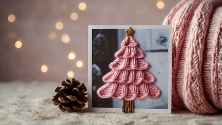 A Christmas card. Knitted delicate pink Christmas tree on the background of a knitted pink plaid. Knitting, crafts, handmade jewelry.の素材