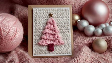 A Christmas card. Knitted delicate pink Christmas tree on the background of a knitted pink plaid. Knitting, crafts, handmade jewelry.の素材