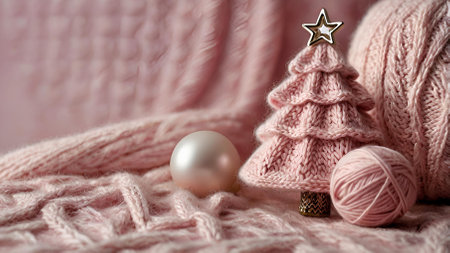 A Christmas card. Knitted delicate pink Christmas tree on the background of a knitted pink plaid. Knitting, crafts, handmade jewelry.の素材