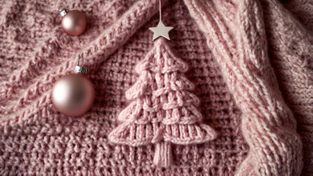 A Christmas card. Knitted delicate pink Christmas tree on the background of a knitted pink plaid. Knitting, crafts, handmade jewelry.の素材