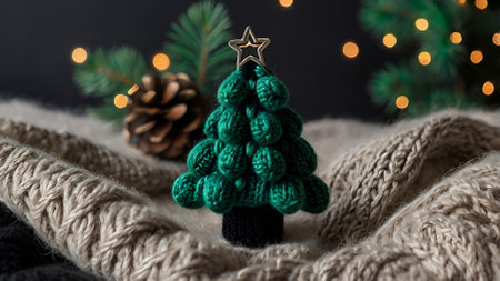A Christmas card. Knitted green Christmas tree on the background of a knitted plaid. Knitting, crafts, handmade jewelry.の素材