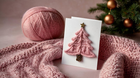 A Christmas card. Knitted delicate pink Christmas tree on the background of a knitted pink plaid. Knitting, crafts, handmade jewelry.の素材