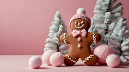 Homemade Christmas gingerbread cookies with icing. Delicious gingerbread cookies on a background of Christmas trees on a pink background. Freshly baked Christmas gingerbread.の素材