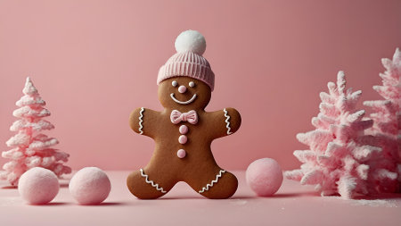 Homemade Christmas gingerbread with icing. Delicious gingerbread on the background of cotton candy trees on a pink background. Freshly baked Christmas gingerbread.の素材